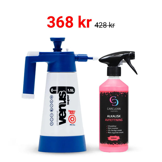 Ett paket som innehåller en tryckspruta på 1,5 liter (blå) och en flaska med 500 ml alkalisk avfettning från CarClean. Paketet är rabatterat från 428 kr till 368 kr.