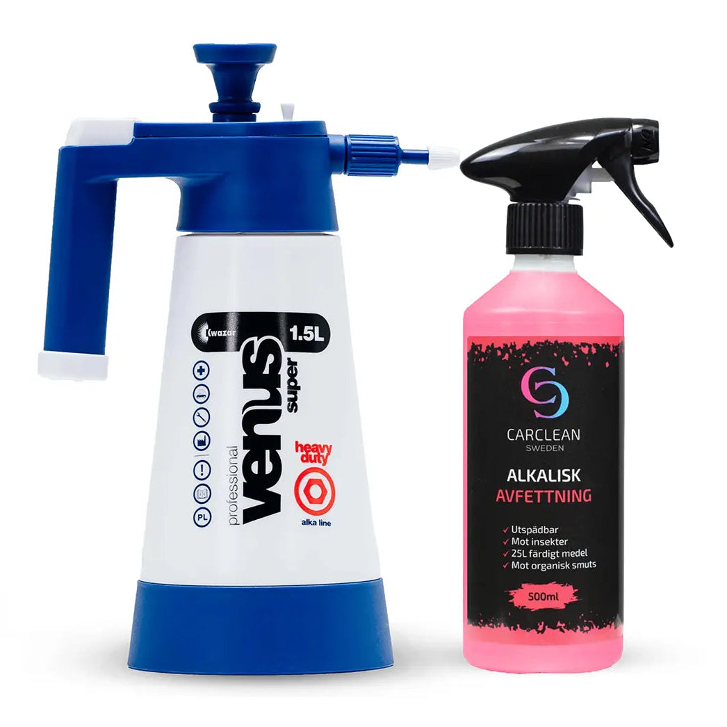 Ett paket som innehåller en tryckspruta på 1,5 liter (blå) och en flaska med 500 ml alkalisk avfettning från CarClean. Paketet är rabatterat från 428 kr till 368 kr.