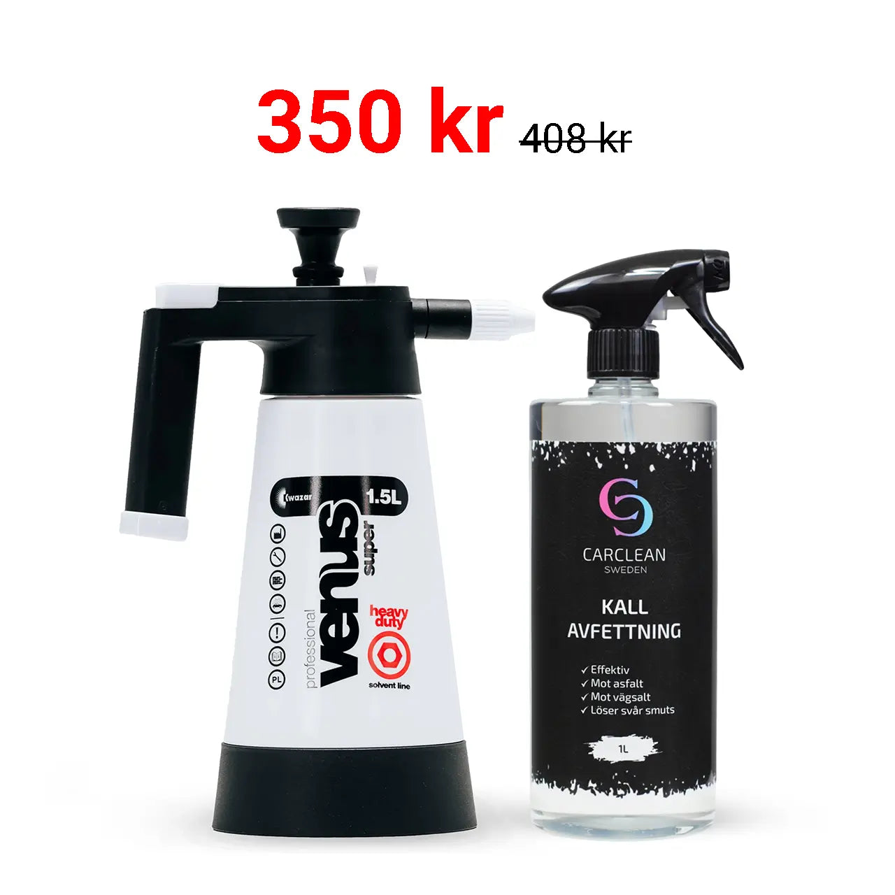 Ett paket som innehåller en tryckspruta på 1,5 liter och en flaska med 1 liter kallavfettning från CarClean. Paketet är rabatterat från 408 kr till 350 kr.