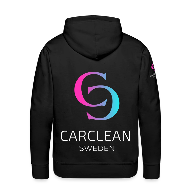 CarClean svart hoodie med framträdande logotyp på ryggen och mindre loggor på bröst och ärm. Unisex-design tillverkad i högkvalitativ bomull för komfort och hållbarhet.