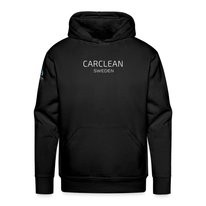 CarClean svart hoodie med framträdande logotyp på ryggen och mindre loggor på bröst och ärm. Unisex-design tillverkad i högkvalitativ bomull för komfort och hållbarhet.