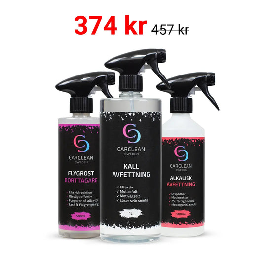 Bild på CarClean Swedens rengöringspaket, innehållande tre produkter: Schampo Koncentrat (500 ml), Flygrostborttagare (500 ml) och Kallavfettning (1 liter). Paketet är nedsatt till 419 kr från ordinarie pris 487 kr och är designat för effektiv rengöring och avfettning av fordonets exteriör.