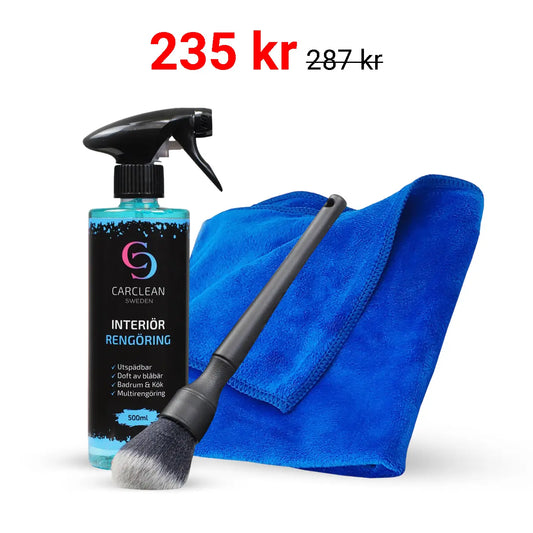 Bild på CarClean Swedens Interiörpaket som innehåller tre produkter: Interiör Rengöring (500 ml) med blåbärsdoft, en torkduk (keramisk, 40x40 cm, 380 GSM) och en rekondpensel. Paketet är nedsatt till 249 kr från ordinarie pris 287 kr. Perfekt för effektiv rengöring och vård av bilens interiör.