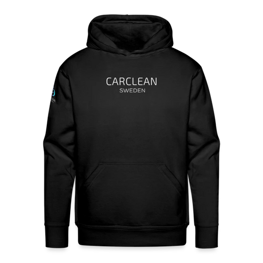 CarClean svart hoodie med framträdande logotyp på ryggen och mindre loggor på bröst och ärm. Unisex-design tillverkad i högkvalitativ bomull för komfort och hållbarhet.