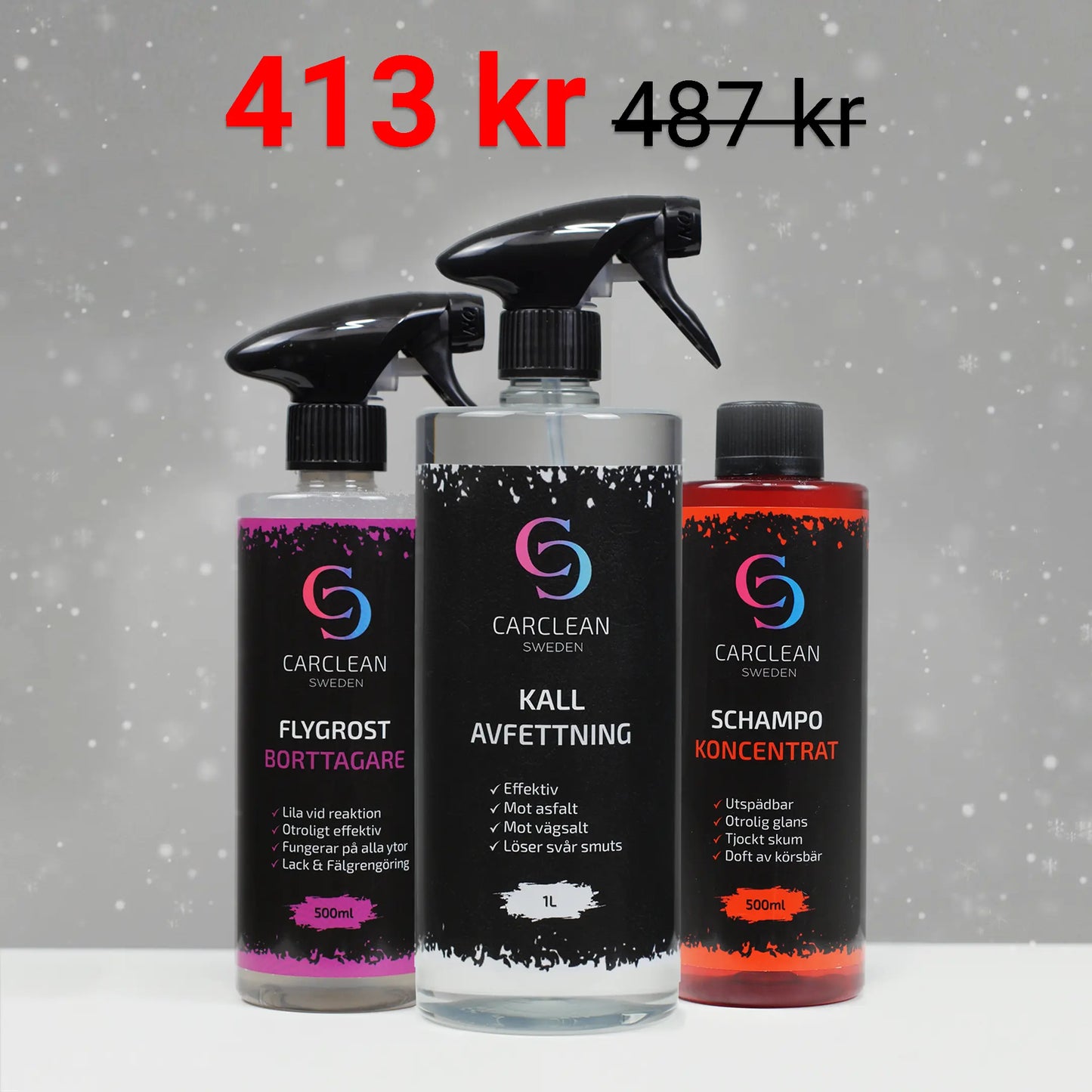 Bild på CarClean Swedens rengöringspaket, innehållande tre produkter: Schampo Koncentrat (500 ml), Flygrostborttagare (500 ml) och Kallavfettning (1 liter). Paketet är nedsatt till 419 kr från ordinarie pris 487 kr och är designat för effektiv rengöring och avfettning av fordonets exteriör.